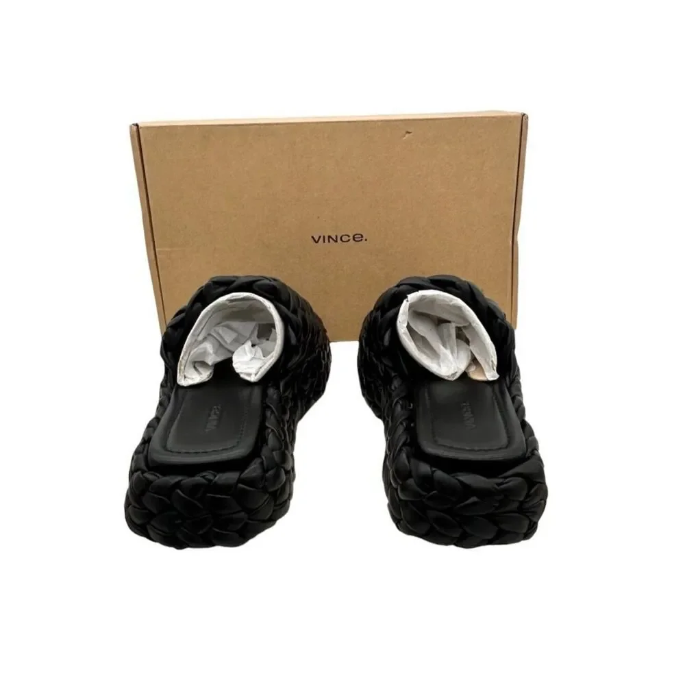 Vince Pompei Braided Leather Platform Slide Sandals Black Women’s 8.5 New